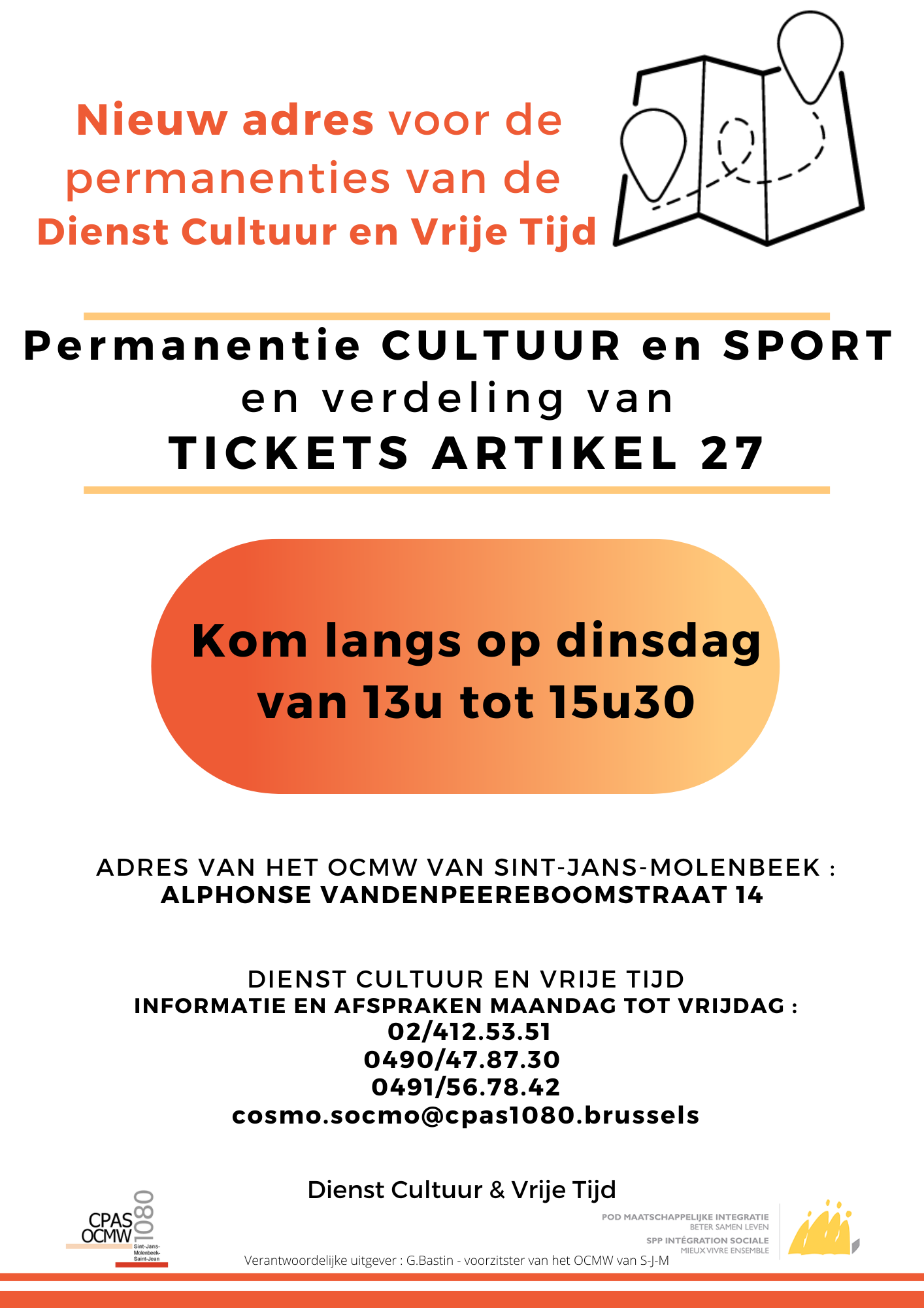 Affiche nieuw adres permanenties Cultuur en Vrije Tijd